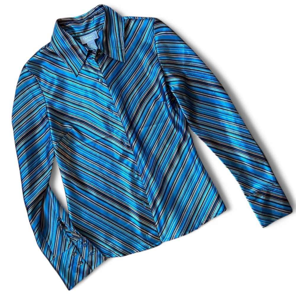 Silk Striped Old Navy Blue and Black Button-Up Shirt